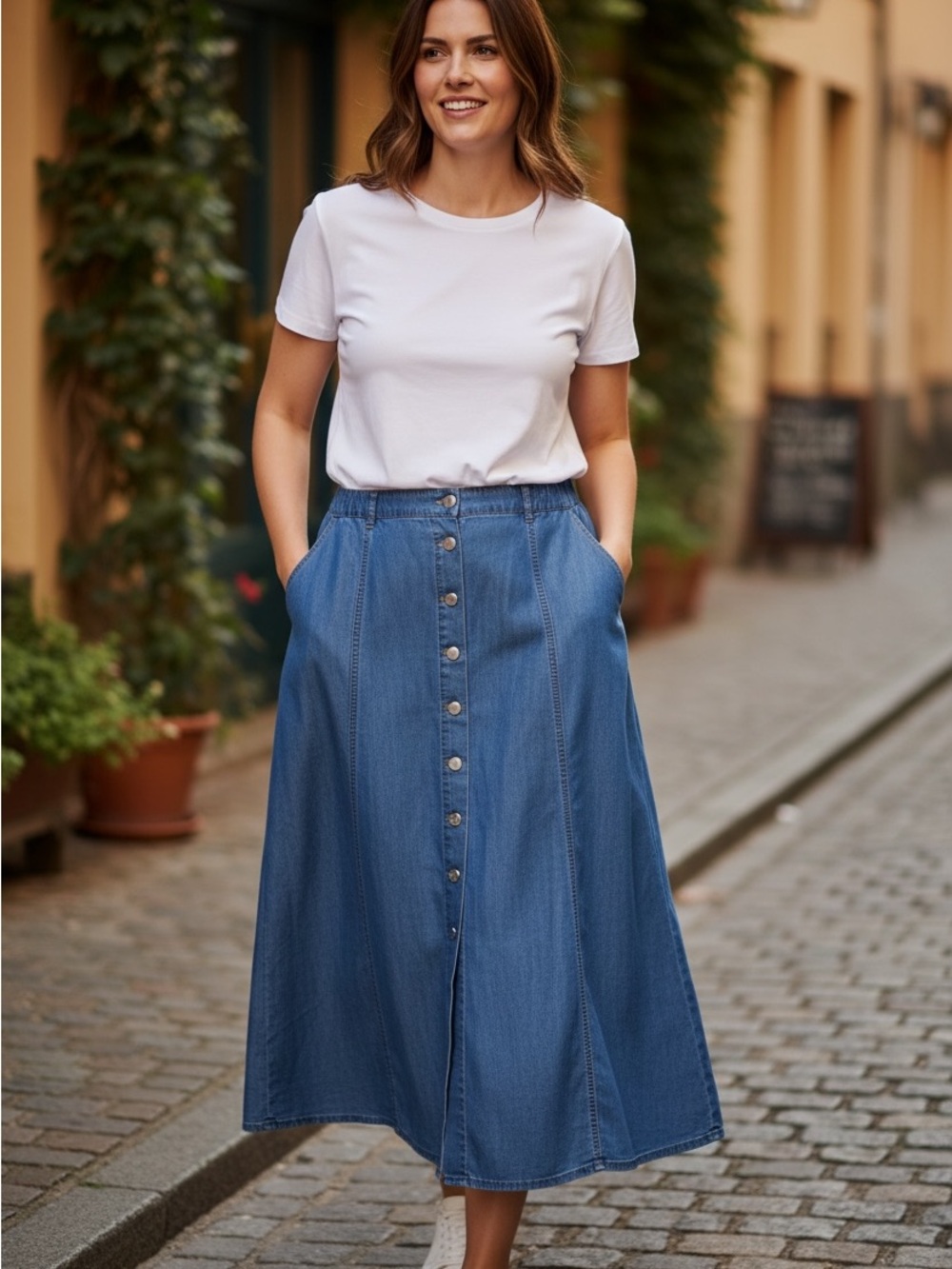 Classic Blue Denim Chambray Button-Front Midi Skirt L